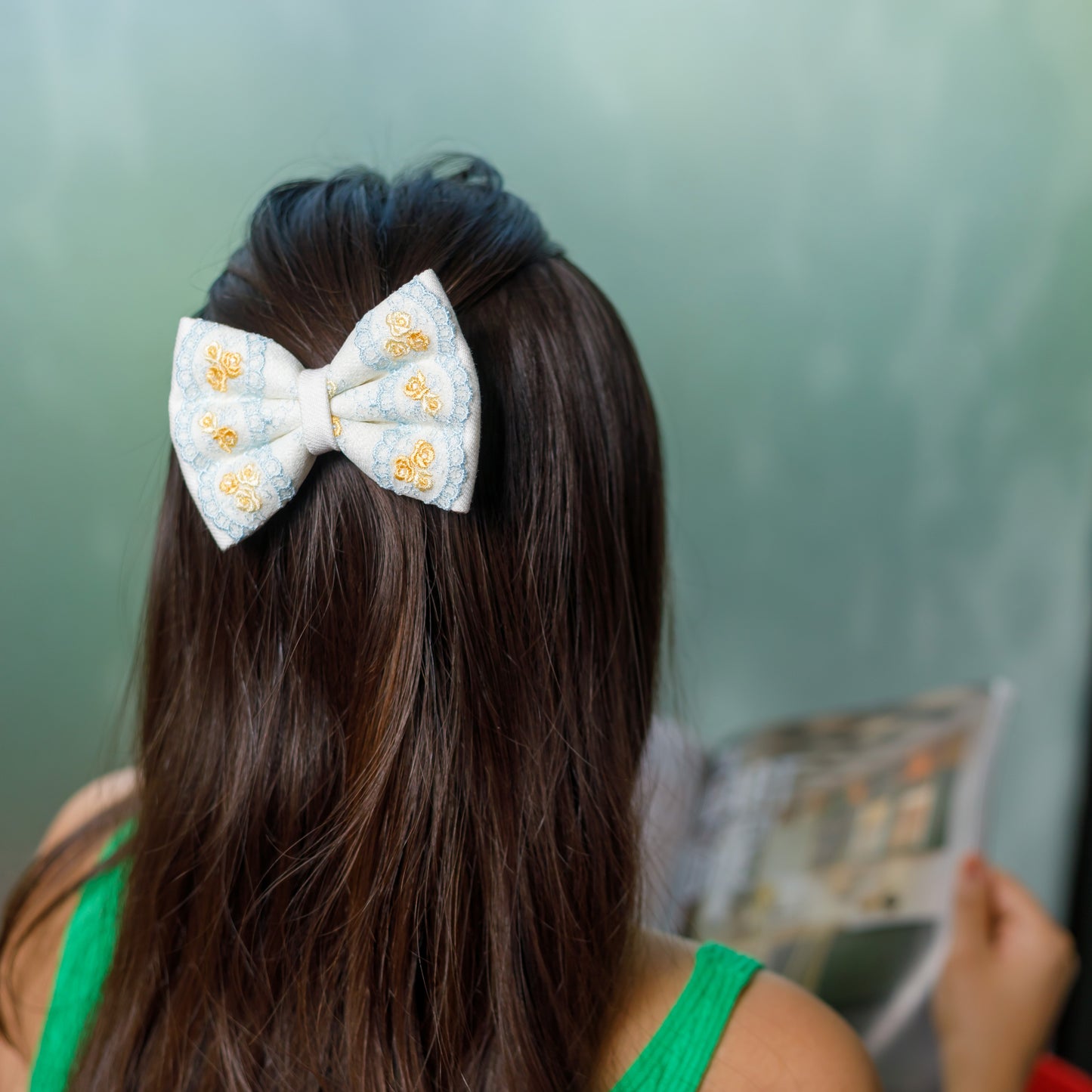 White Yellow Rosy Denim lace Bow