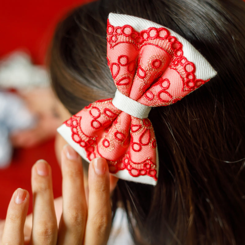White Red-Gold Denim Lace Bow